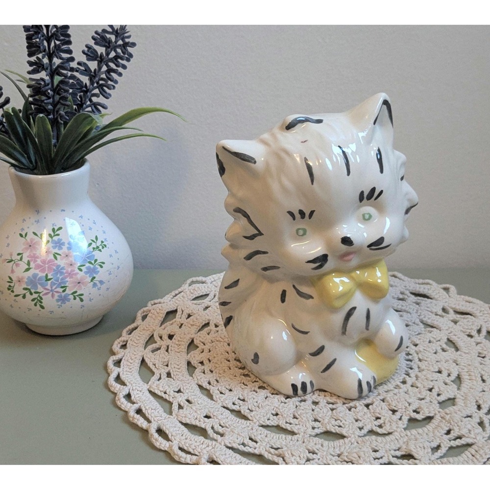 Vintage Hand Painted Ceramic Kitten Figurine White Tabby Cat Yellow Bow Decor